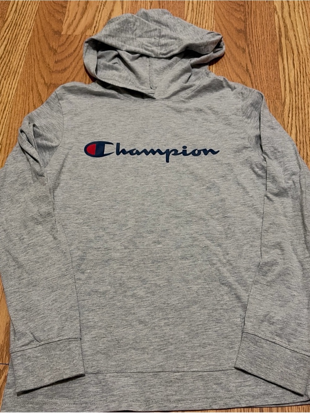 Champion Light Gray Hoodie with Navy and Red spellout Logo